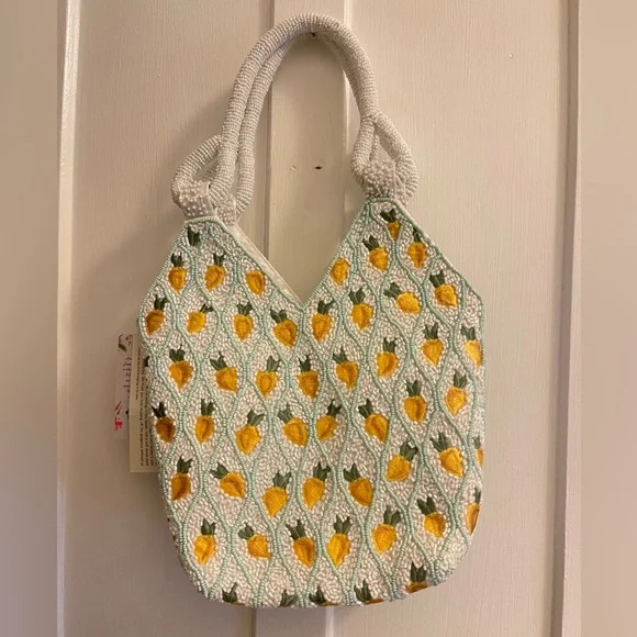 NEW Elegant White & light turquoise colored beaded bag with lemon 🍋 design - Picture 2 of 7
